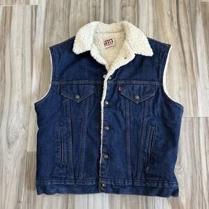 Vintage Levi’s Mens Size L Sherpa Denim Vest Dark Blue Jean 80’s Made USA Preppy